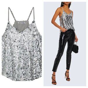 Walter Baker Haley Sequined Tulle Adjustable Strap Swing Tank Top L Silver